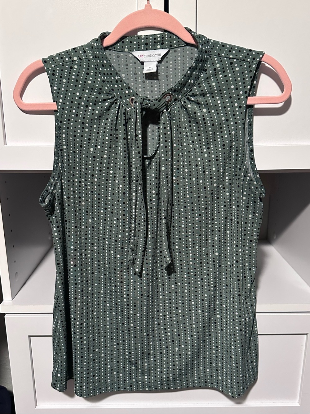 Liz Claiborne Gray Polka Dot Tie Neck Sleeveless Top Size Medium
